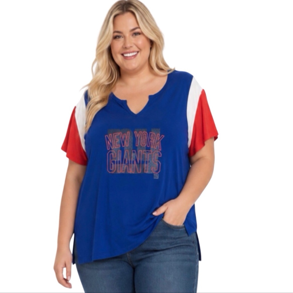 New York Giants Women Top Size 1X V Neck Cotton T Shirt Red White & Blue